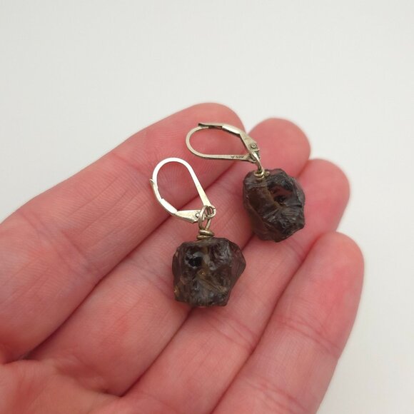Sterling Silver Rough Smoky Quartz Stone Earrings A464 - Picture 3 of 6